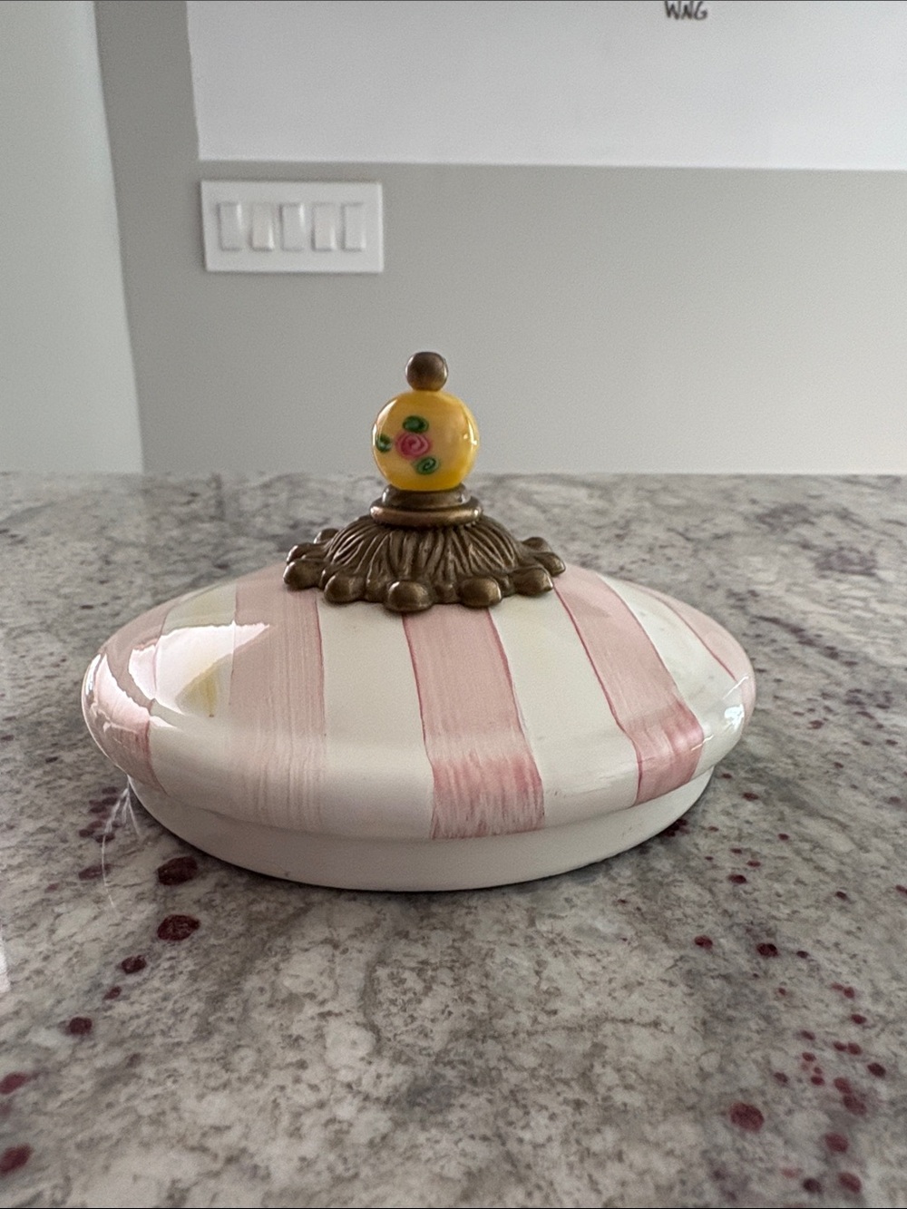 Striped Ceramic Jar lid with Floral Brass Knob - Pink & white 4.5 “ - Picture 2 of 4